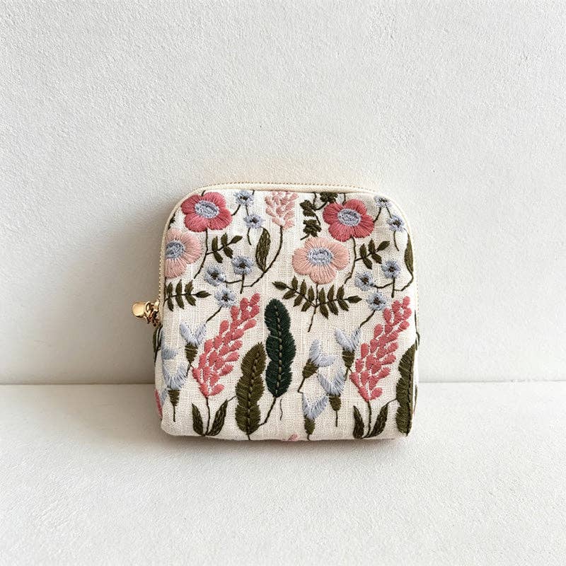 Embroidered Cotton Linen Jewelry Pouch: White & Floral