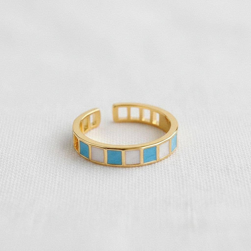 Vintage Enamel Blue Plaid Adjustable Ring