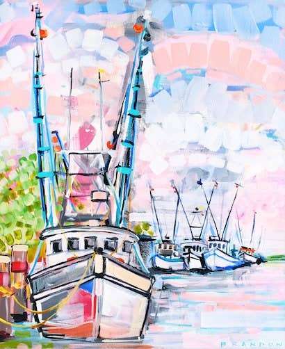 Colorful painting of boats on a white background