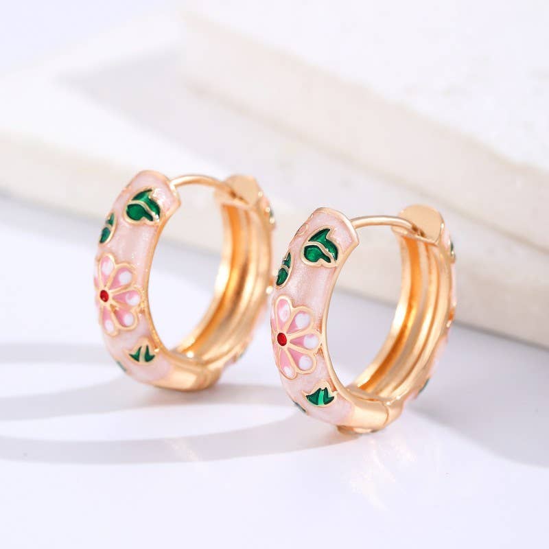 Cloisonne Enamel Floral Hoop Earrings, Pink