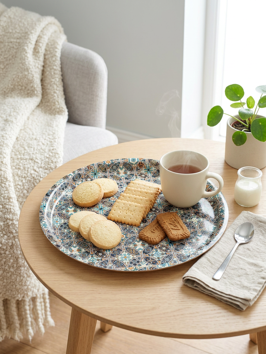 Decorative tray with a book and glasses on a wooden table near a window.