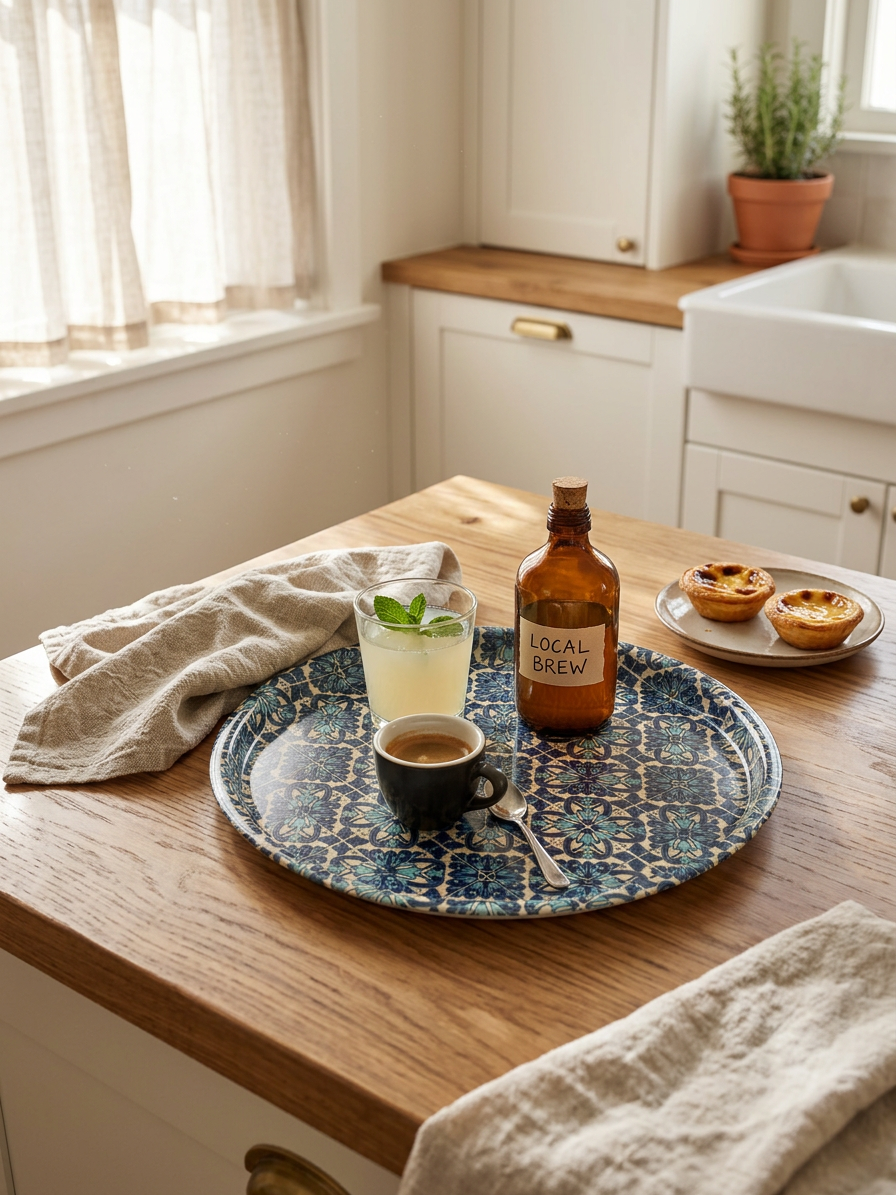 A round ceramic serving platter with a blue and white geometric pattern, holding plums and an apple on a light wood kitchen counter next to a mug and a linen napkin.