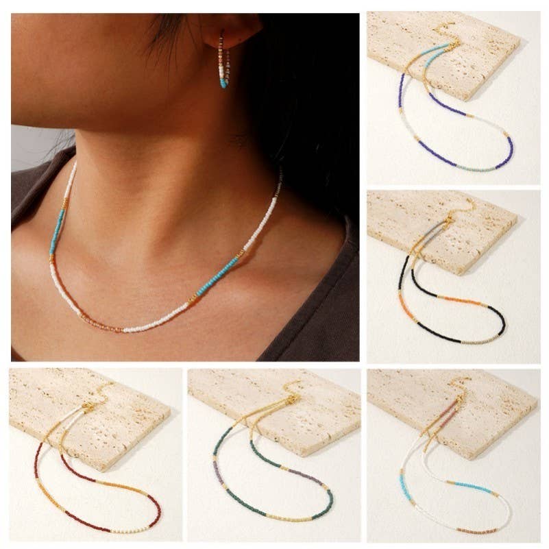 Boho Beaded Necklace, Multi Teal