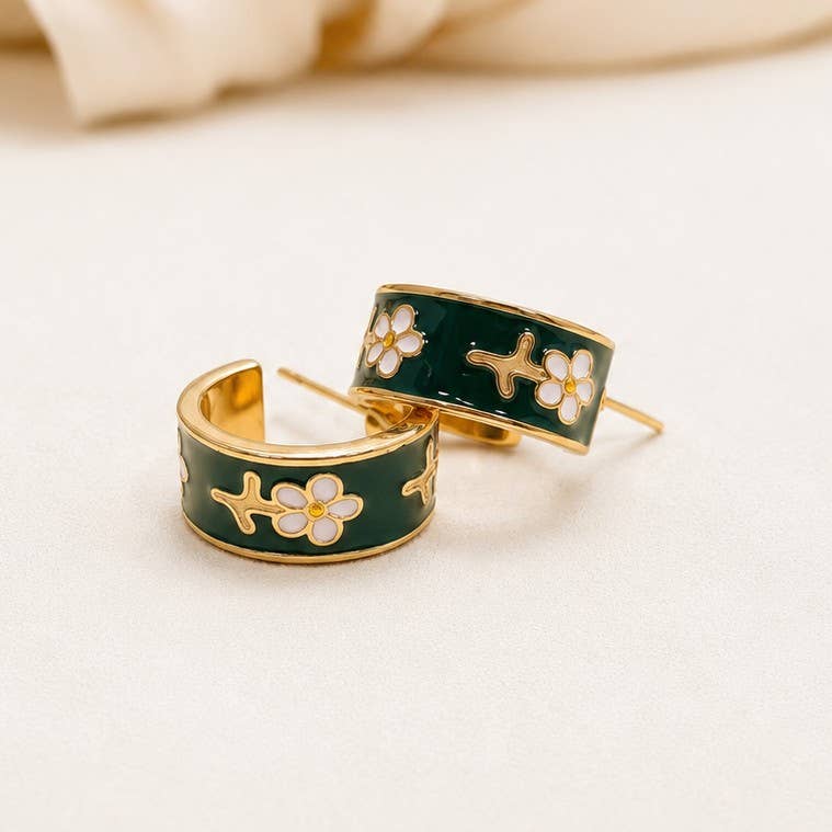 Cloisonne Aztec Huggie Hoop Earrings, Dark Green