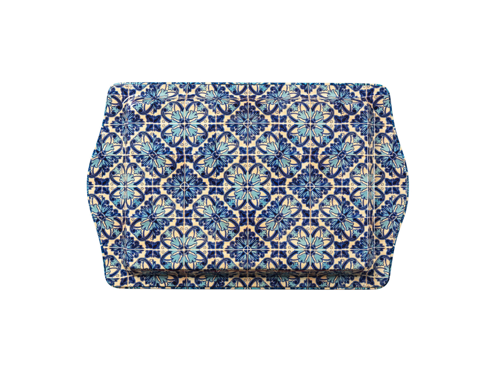 A rectangular tray with rounded corners and integrated handles, featuring a detailed blue and white floral tile pattern, shown against a plain white background.