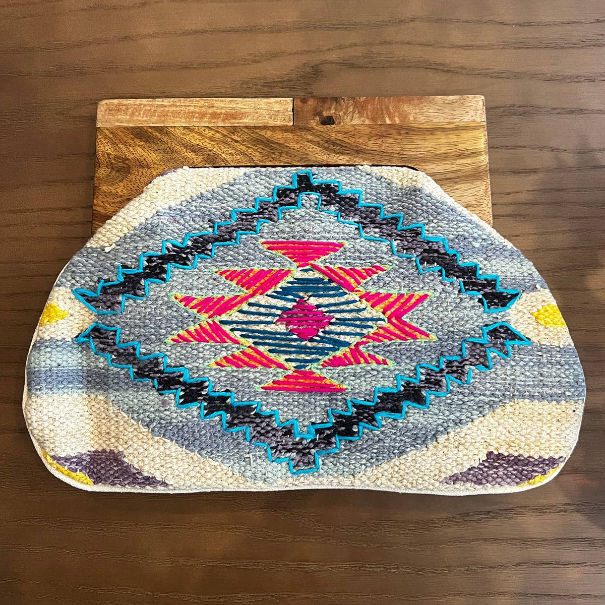 Beaded Clutch with Wooden Handle, Blue/Hot Pink