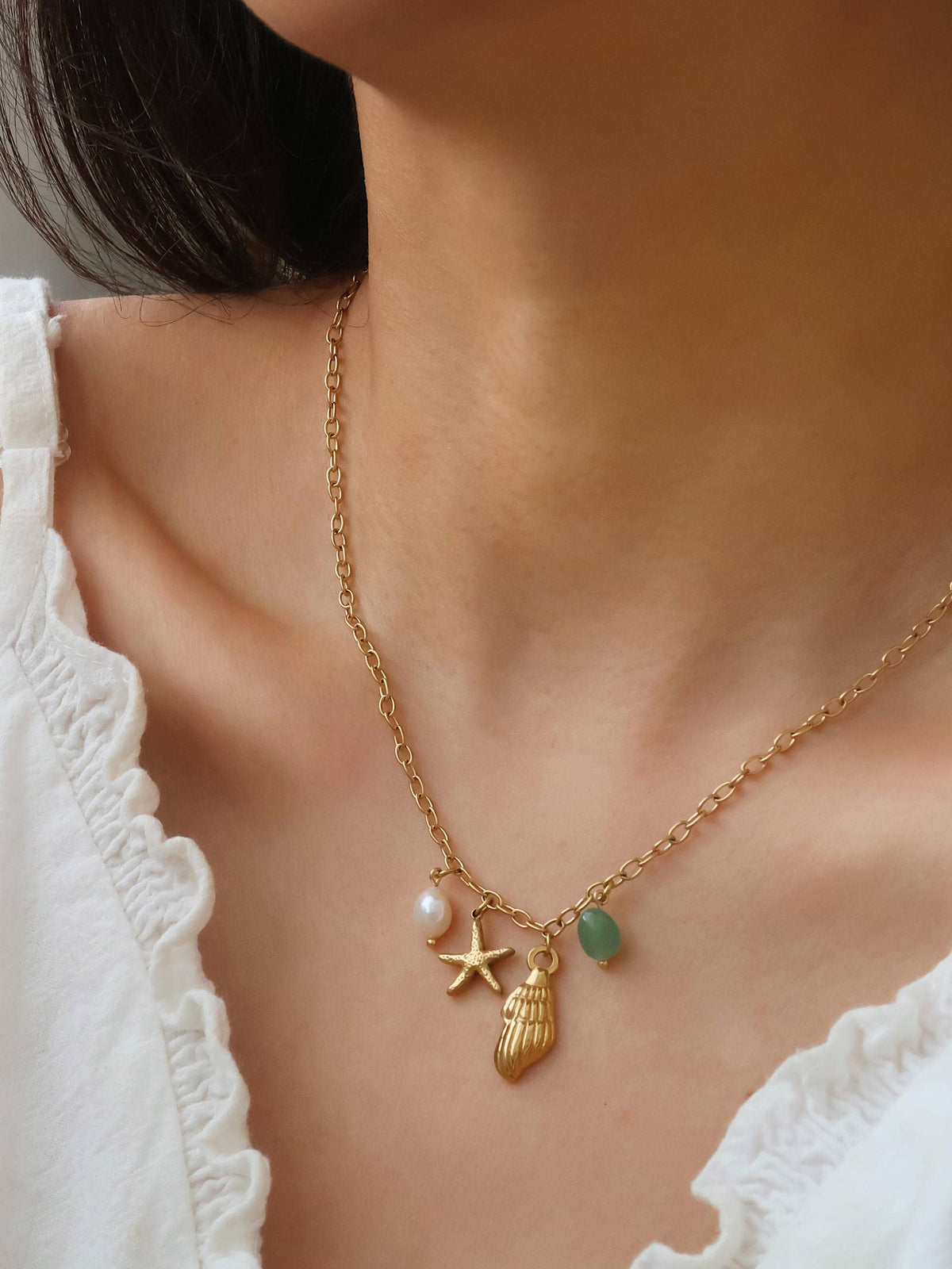 18K Gold Non-Tarnish Pearl and Shell Charm Necklace: Yellow Gold
