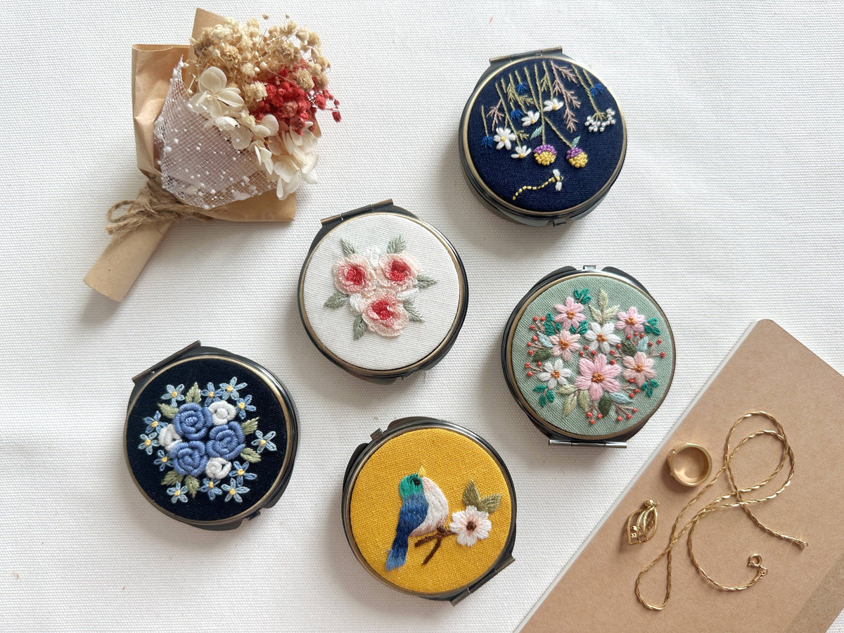 Floral Embroidered Round Jewelry Box With Mirror | Flower Garden