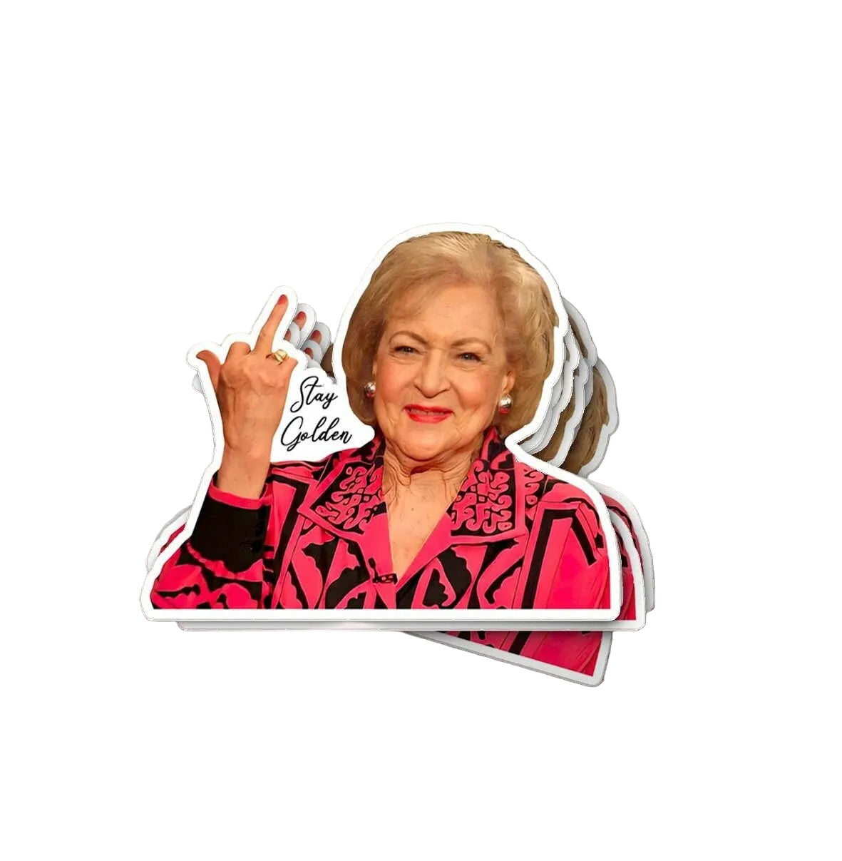 Rose from Golden Girls in a pink jacket with 'Stay Golden' text