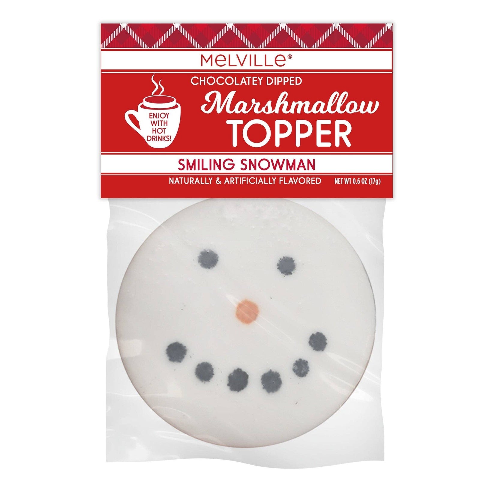 Melville Chocolatey Dipped Marshmallow Topper in the Smiling Snowman flavor, packaged in a clear plastic bag with a red and white header card.