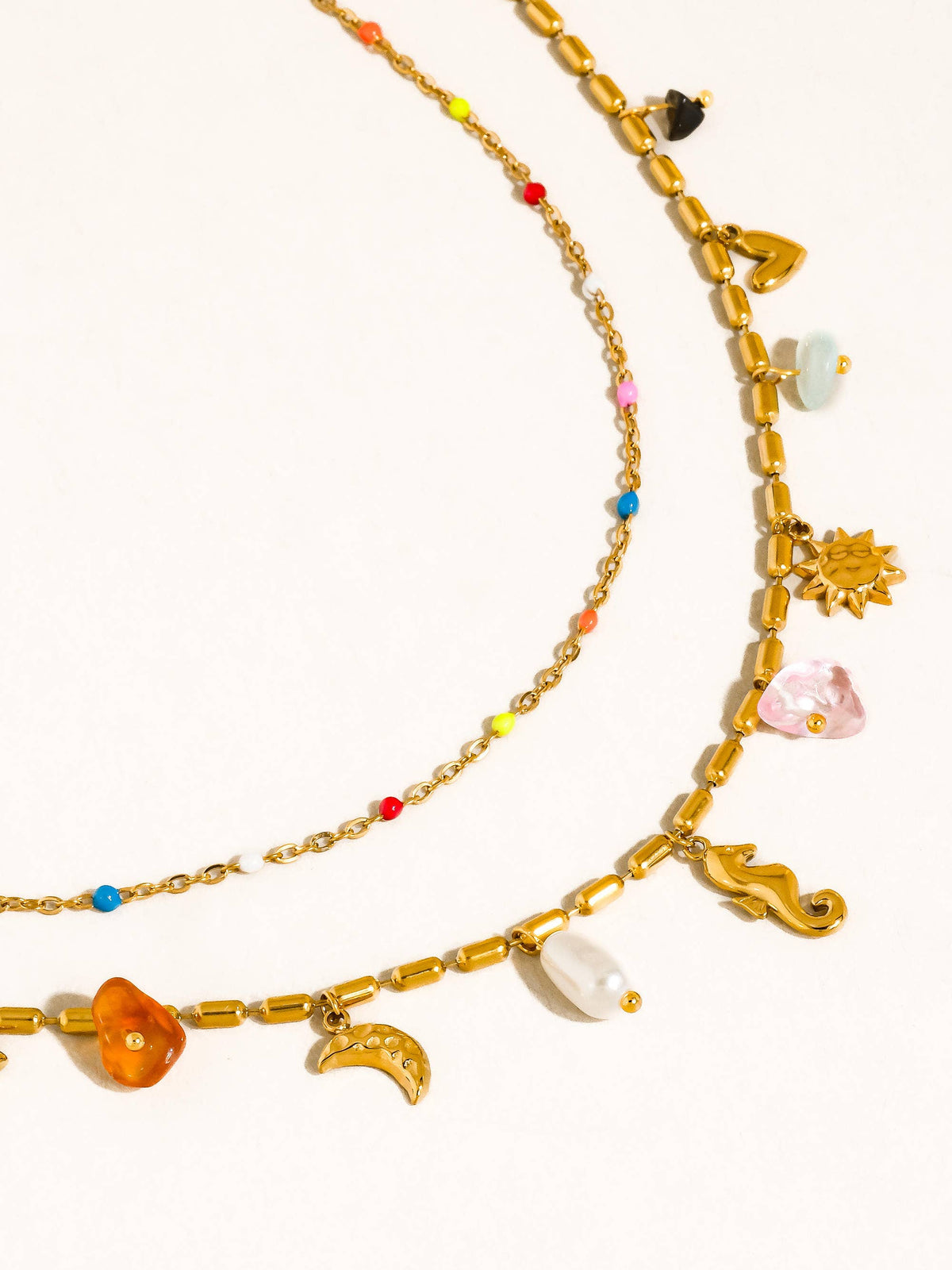 18K Gold Non-Tarnish Seahorse Charm Layered Necklace: Multi-Colored