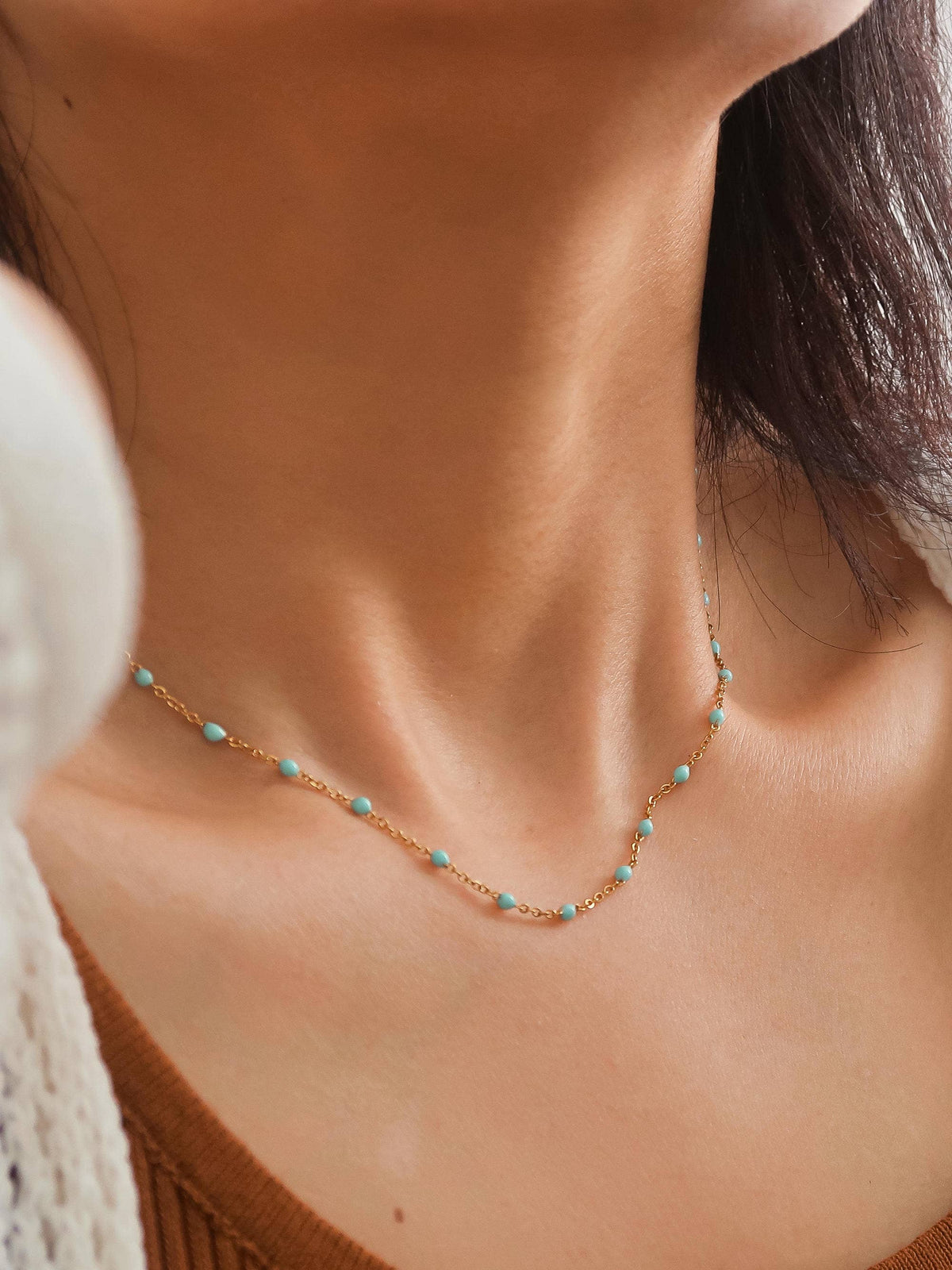 Soleil 18K Gold Non-Tarnish Beaded Petite Chain Necklace: Blue