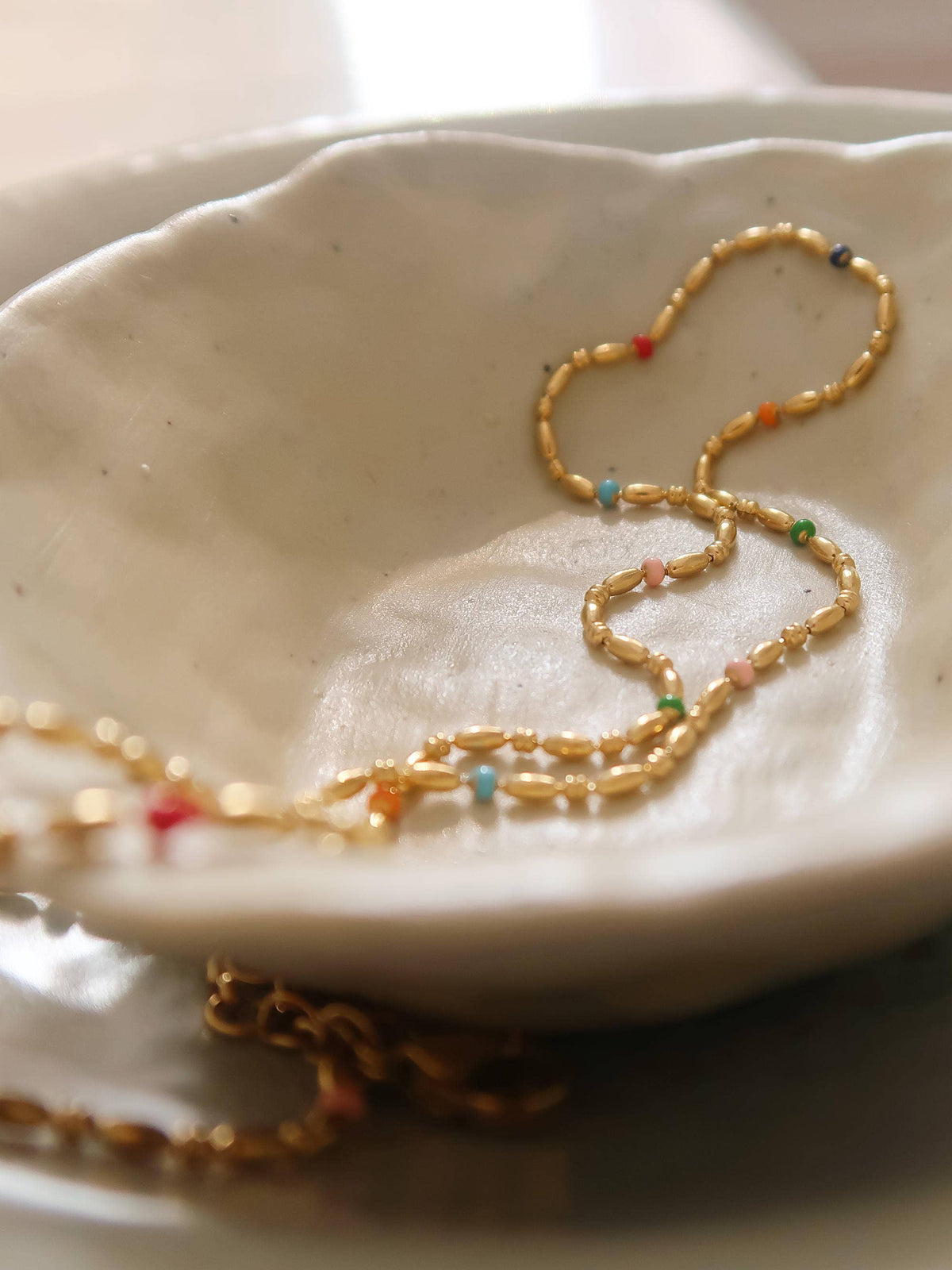 18K Gold Non-Tarnish Petite Beaded Necklace: Multi-Colored