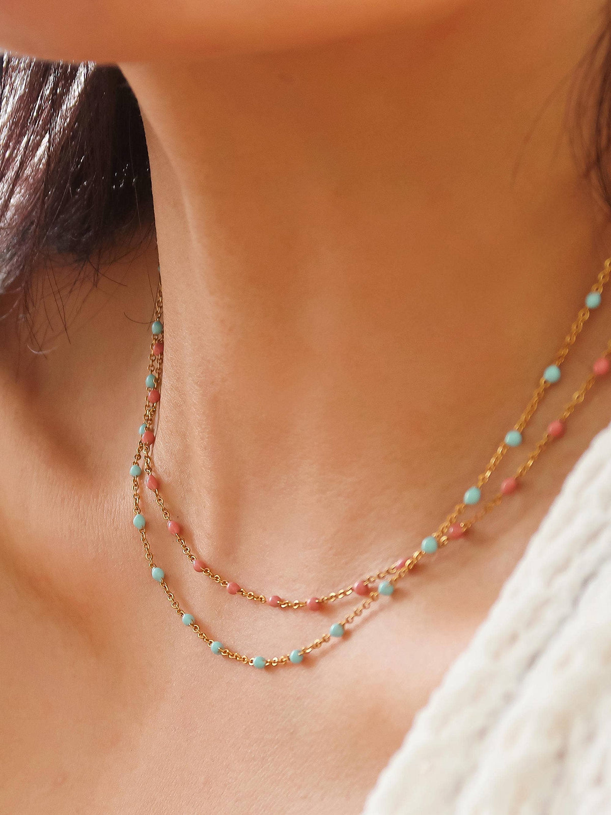 Soleil 18K Gold Non-Tarnish Beaded Petite Chain Necklace: Blue