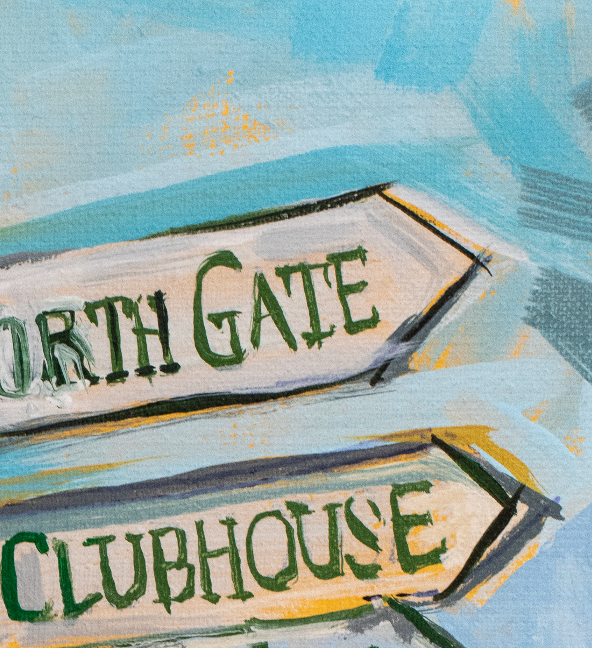 Framed artwork of a signpost with directional arrows on a white wall.