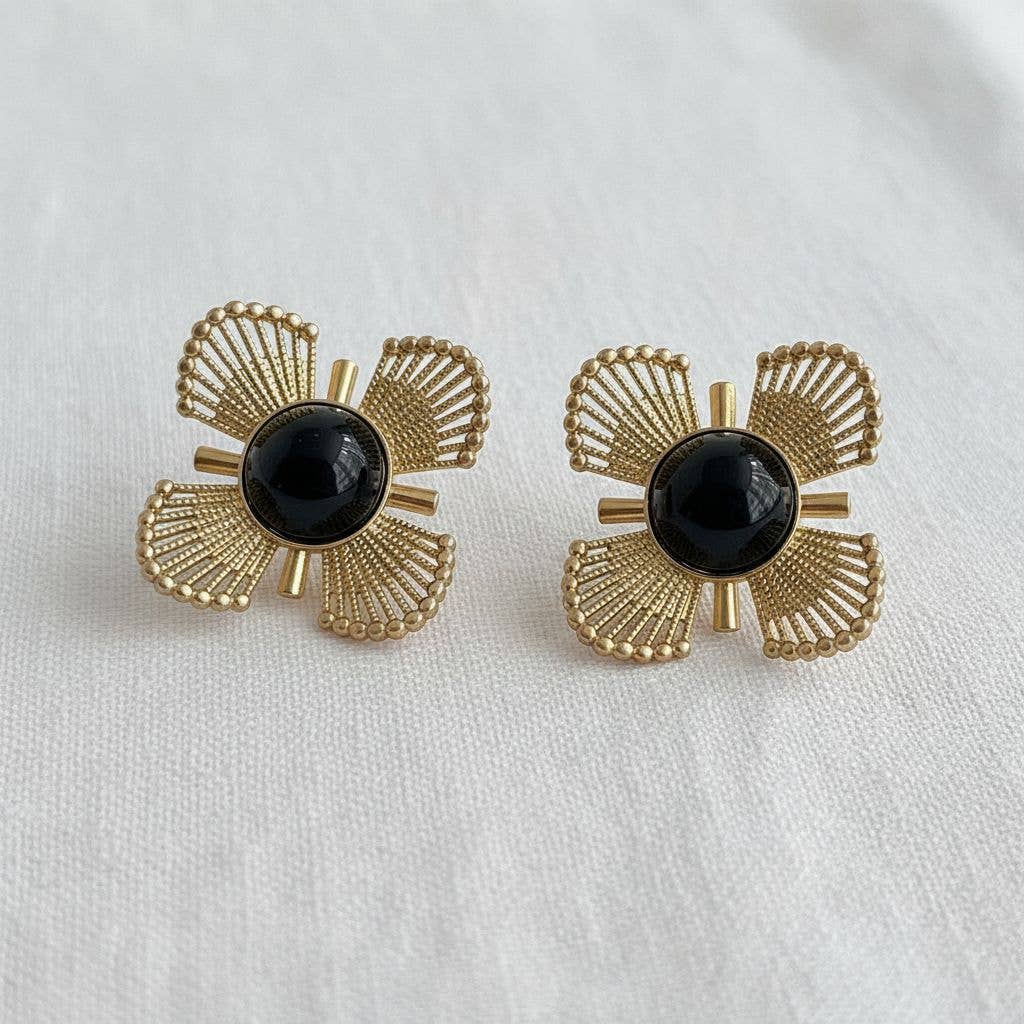 Vintage Floral Design Black Gold Earrings