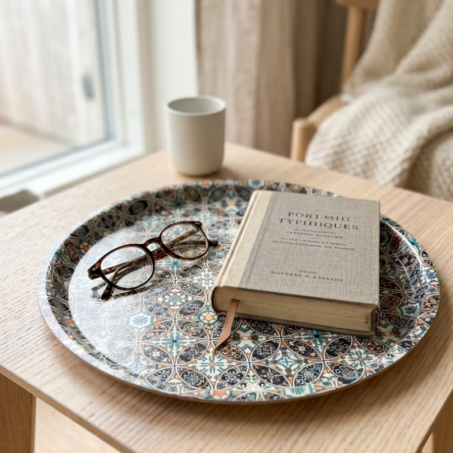 Decorative tray with a book and glasses on a wooden table near a window.