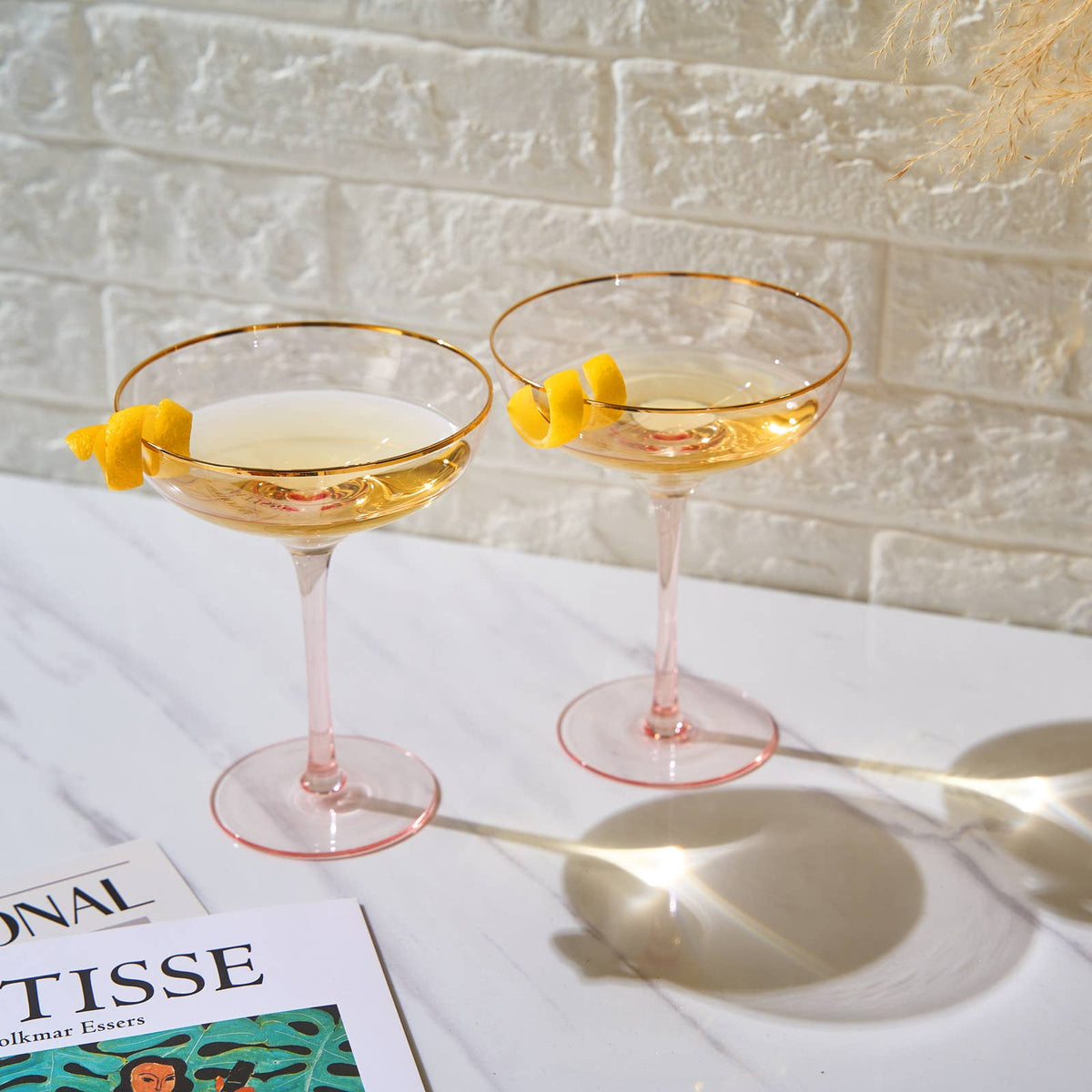 Gilded Pink Rim Coupe, Set of 2 Martini/Cocktail Glasses