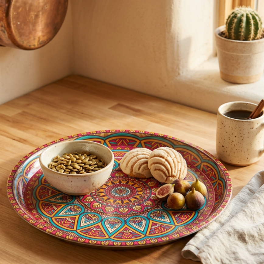 Colorful plate with food on a wooden surface near a window with a plant and pot.