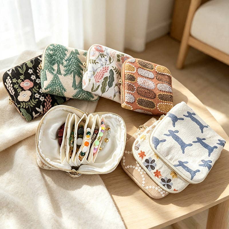 Embroidered Cotton Linen Jewelry Pouch: White & Floral