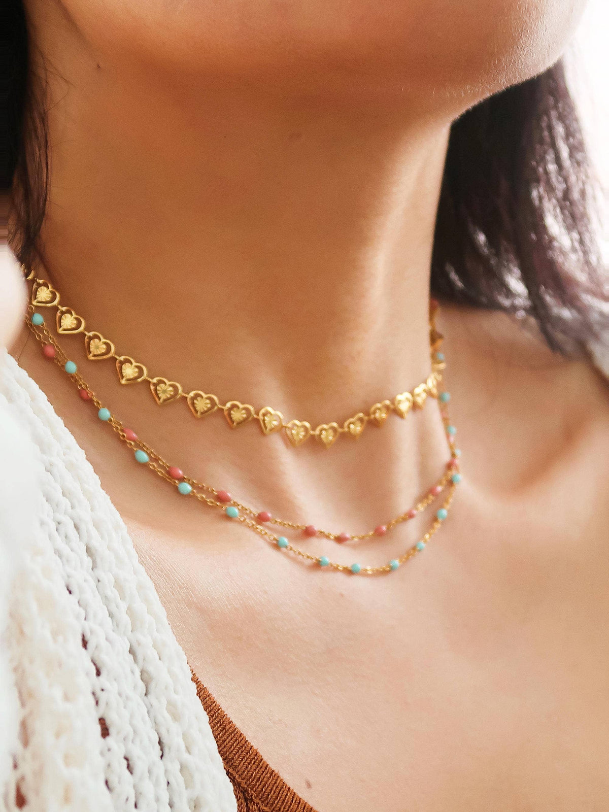 Soleil 18K Gold Non-Tarnish Beaded Petite Chain Necklace: Rose