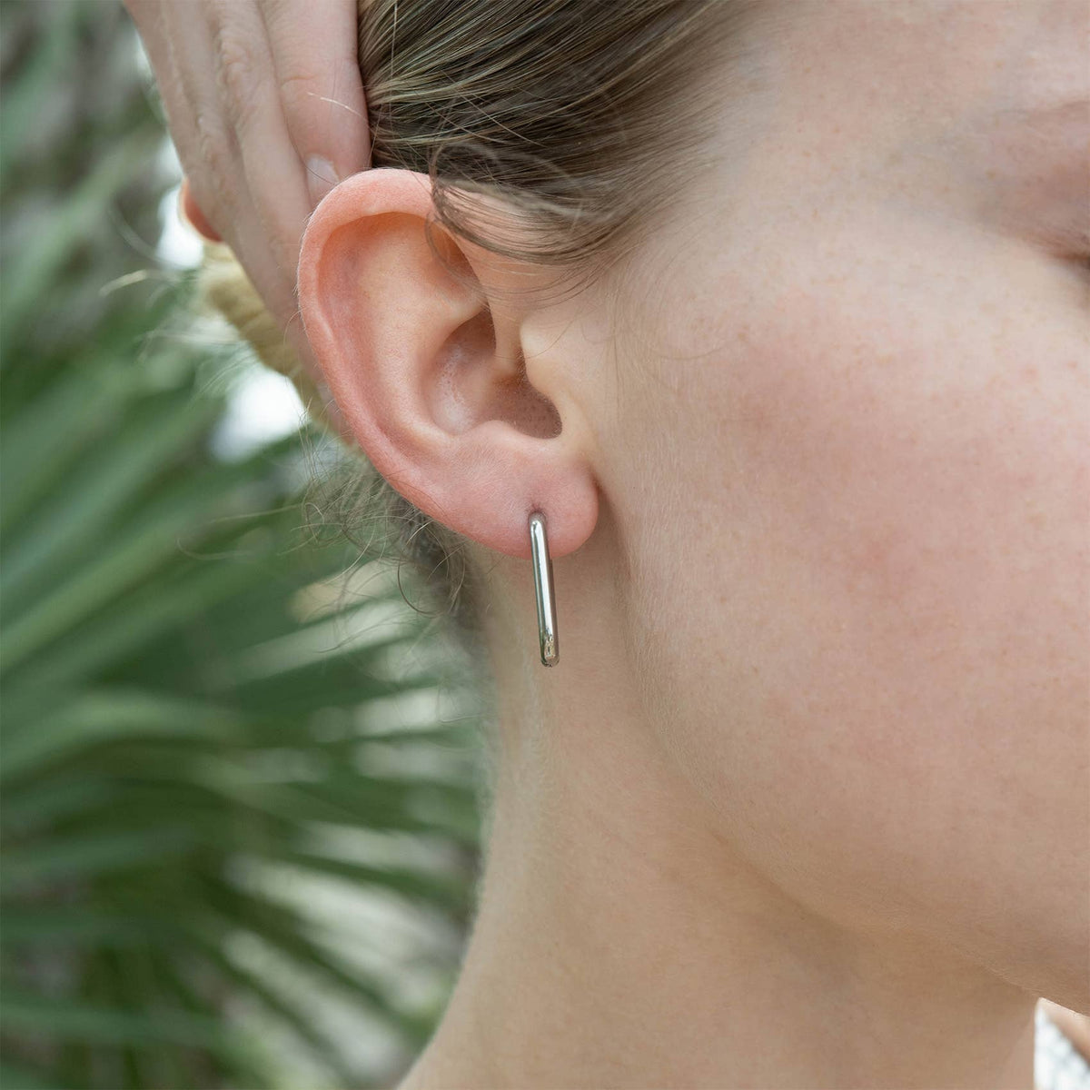 18K Gold PVD Rounded Rectangle Everyday Huggie Earrings: Stainless