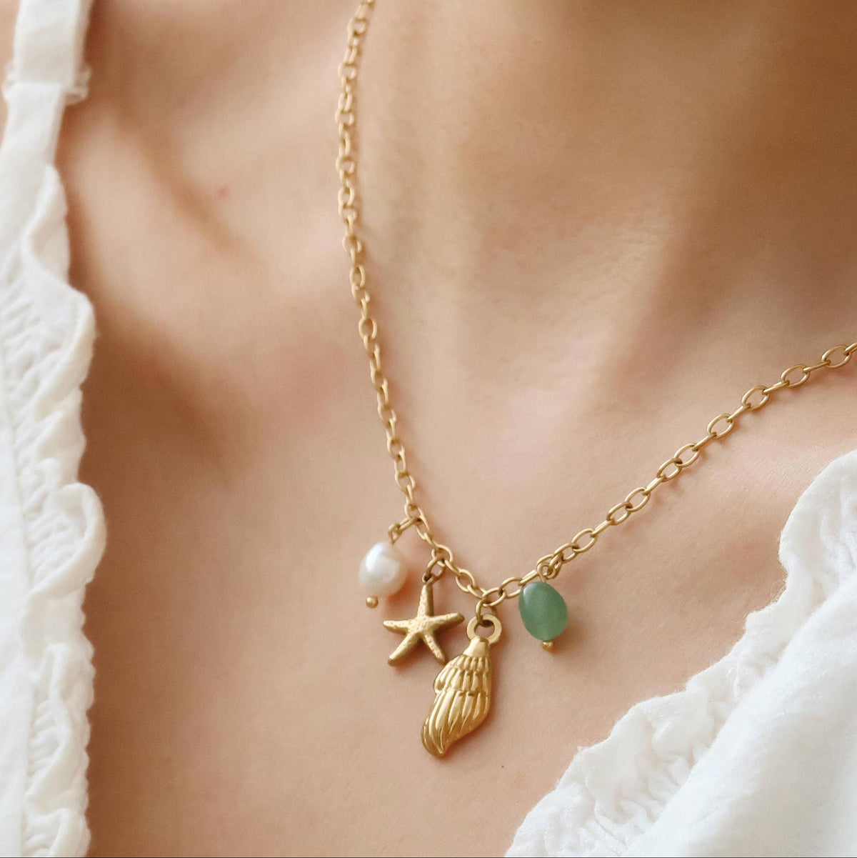 18K Gold Non-Tarnish Pearl and Shell Charm Necklace: Yellow Gold
