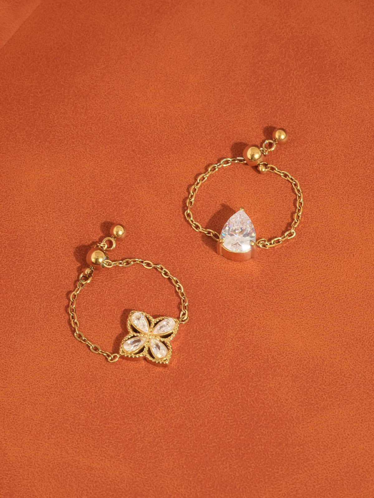 18K Gold Pear CZ Adjustable Chain Ring: Yellow Gold