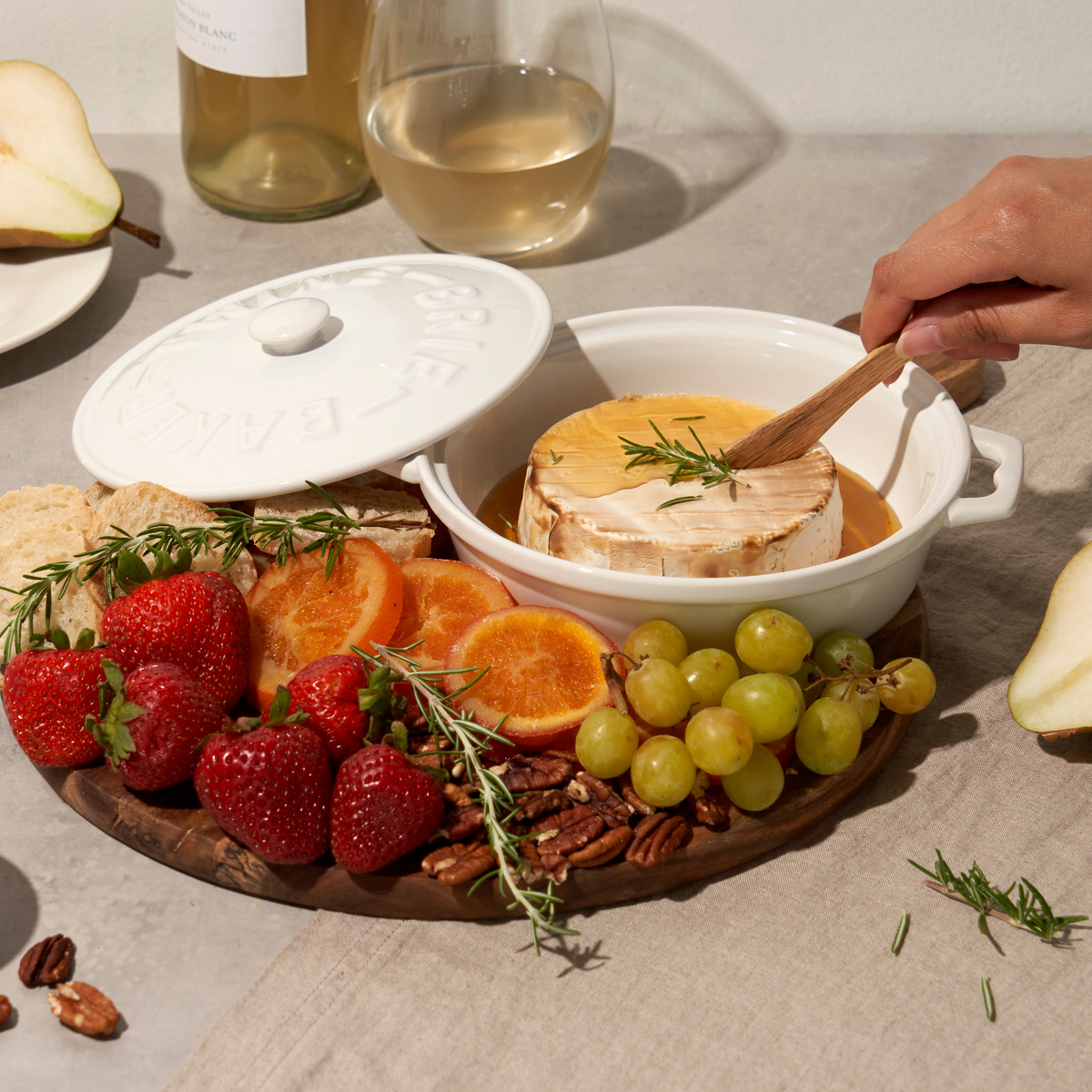 White Ceramic Brie Baker &amp; Lid w/ Acacia Spreader