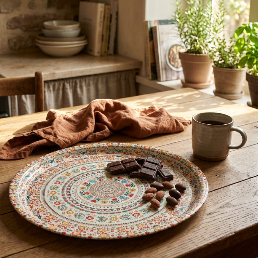 Decorative plate with chocolate and nuts on a wooden table in a cozy kitchen.