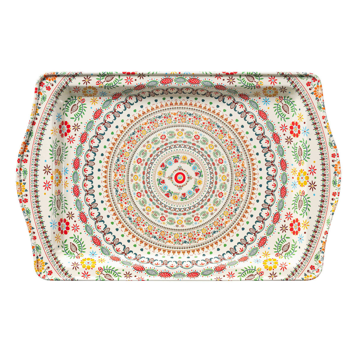 Decorative tray with a colorful mandala design on a white background