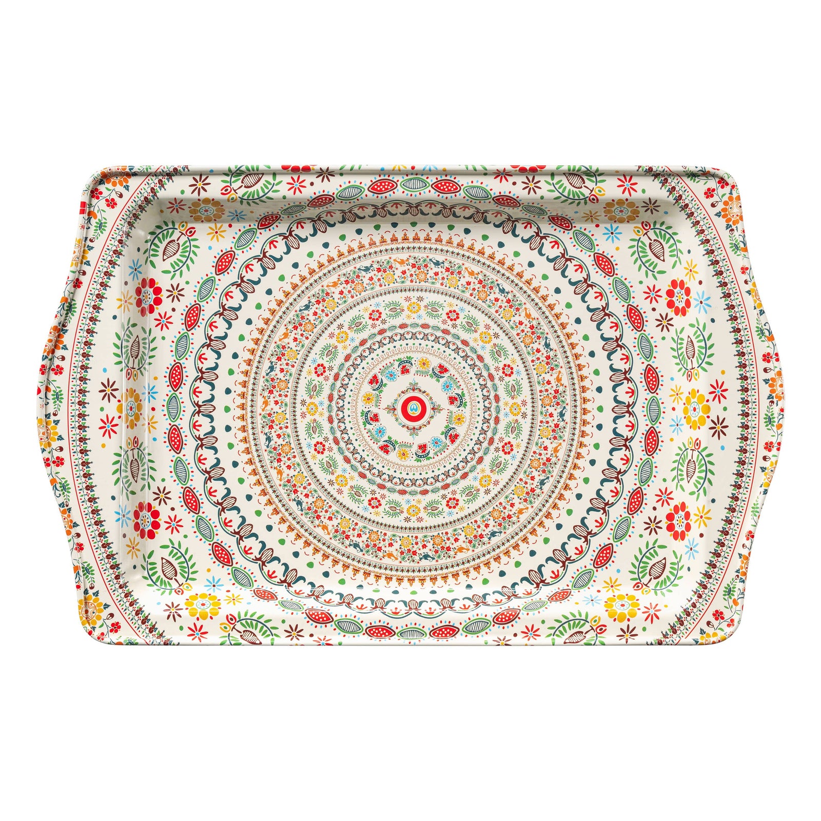 Decorative tray with a colorful mandala design on a white background