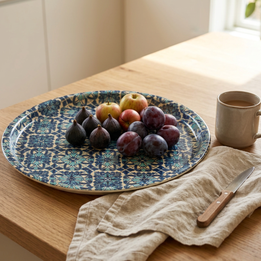 A round ceramic serving platter with a blue and white geometric pattern, holding plums and an apple on a light wood kitchen counter next to a mug and a linen napkin.