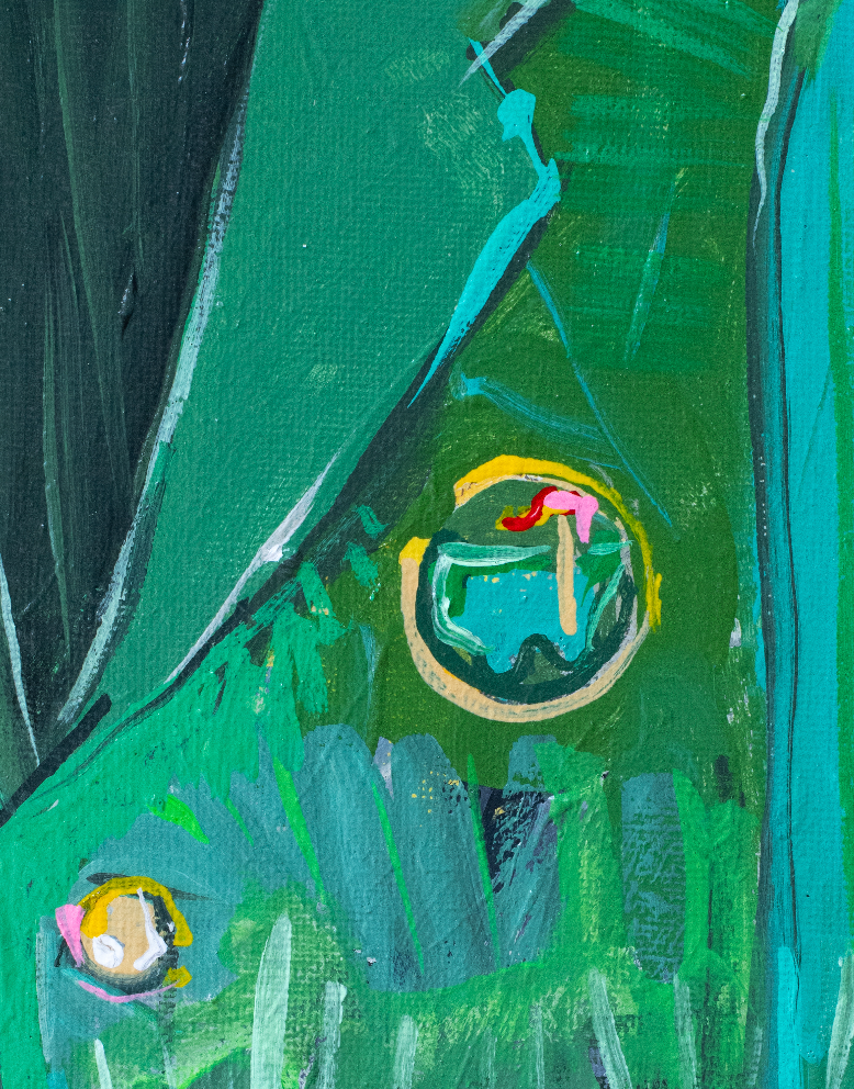 Framed painting of a green jacket with a brand logo on a white wall.