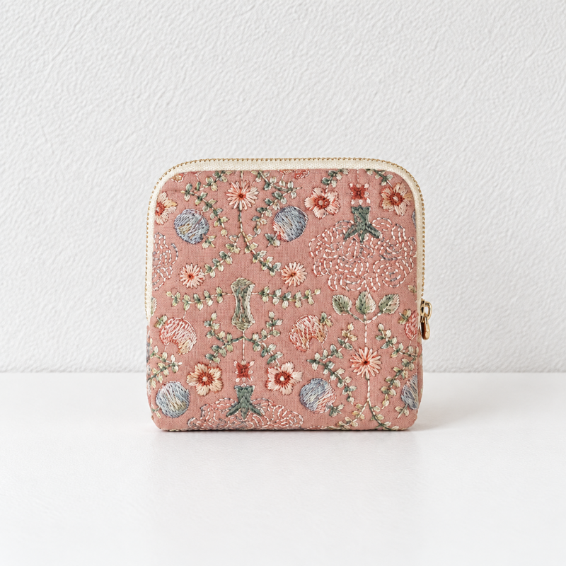 Embroidered Cotton-Linen Jewelry Pouch – Pink Floral