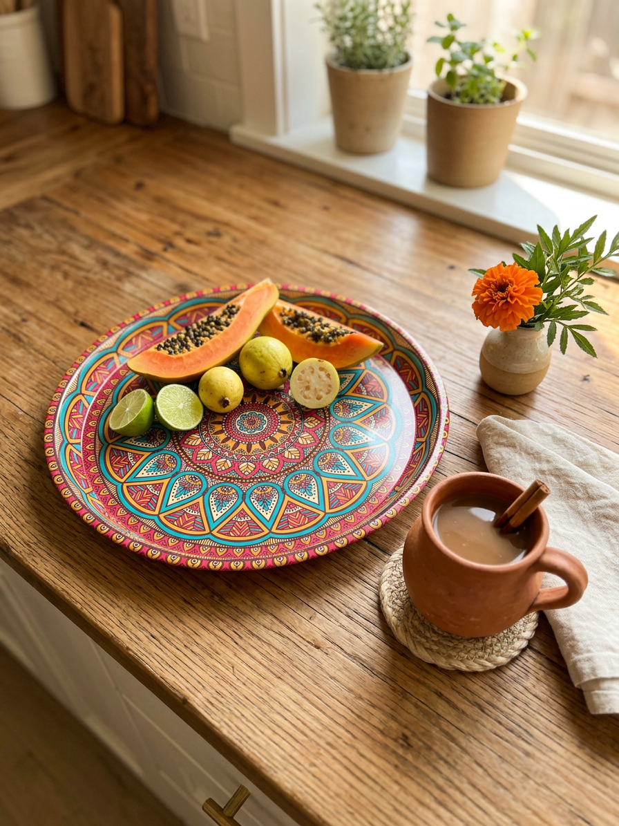 Colorful plate with food on a wooden surface near a window with a plant and pot.