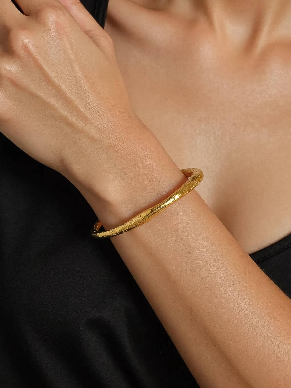 18K Gold Non-Tarnish Textured Open Cuff Bracelet