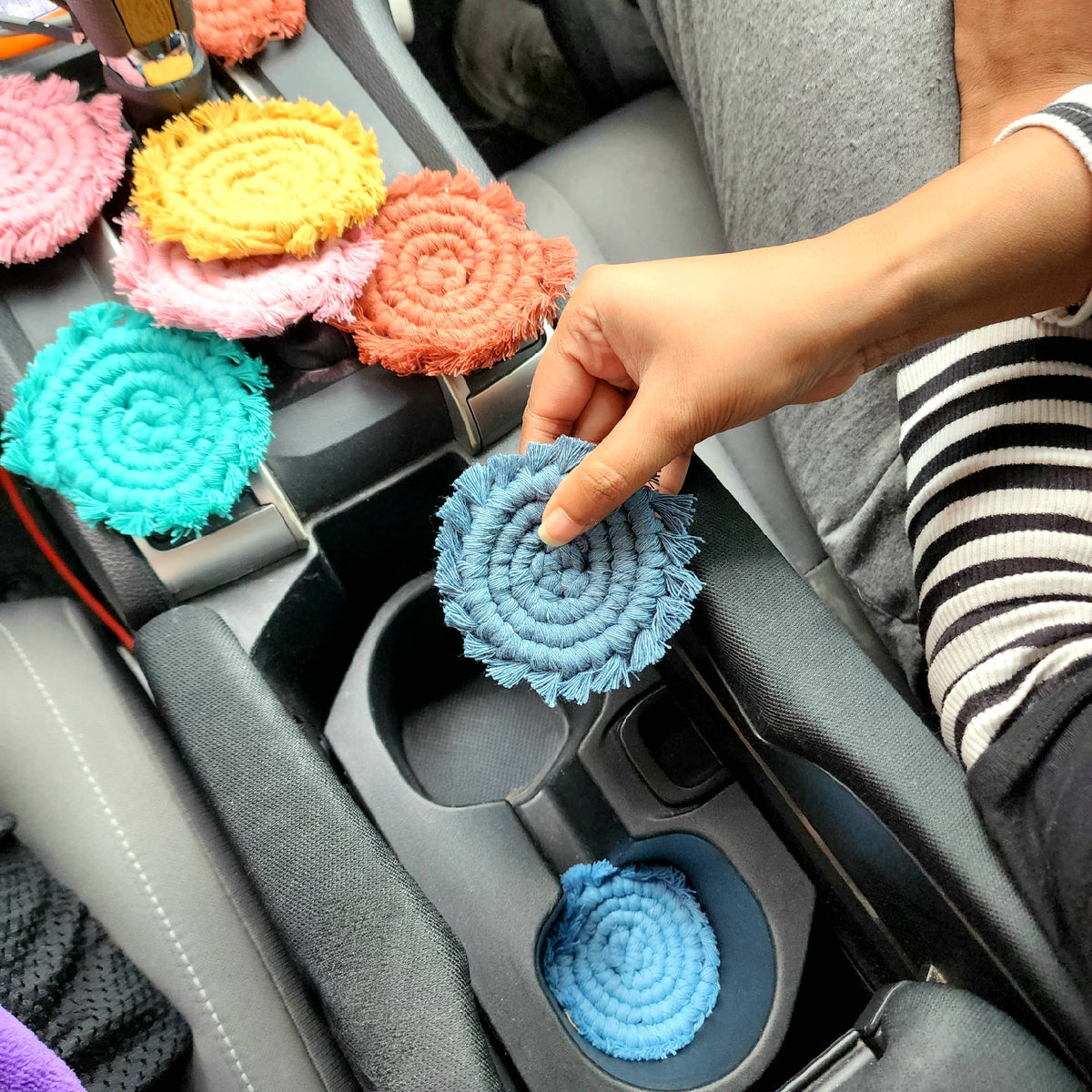 Macramé Car Coasters, Set of 2 in Sunshine Yellow &amp; Ocean Teal