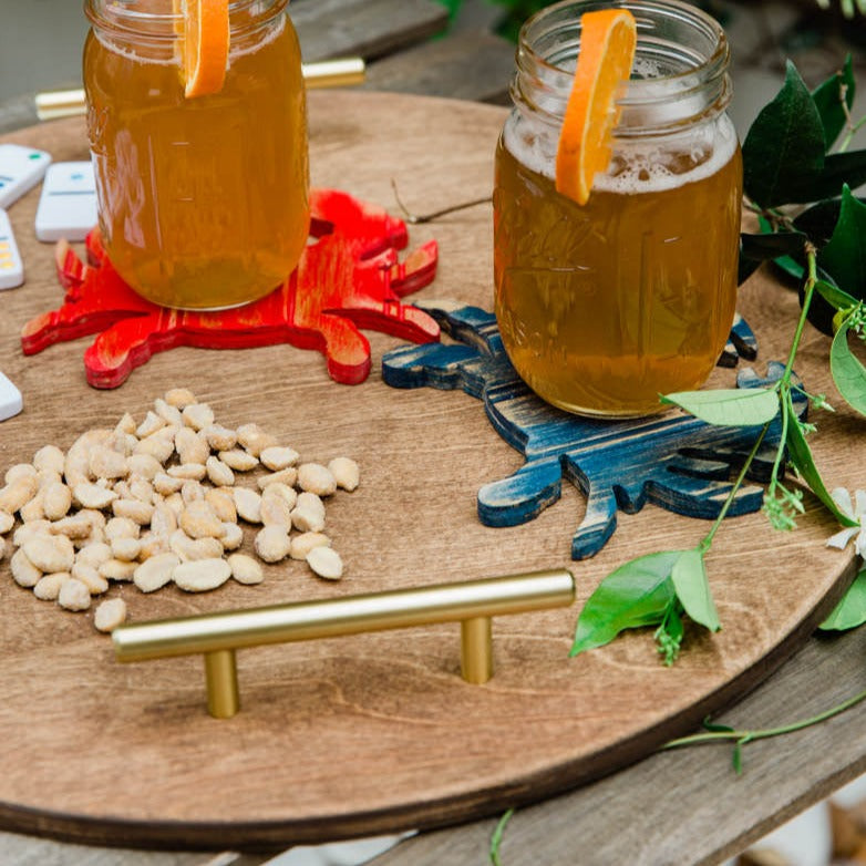 circle wooden tray gold handles grace graffiti
