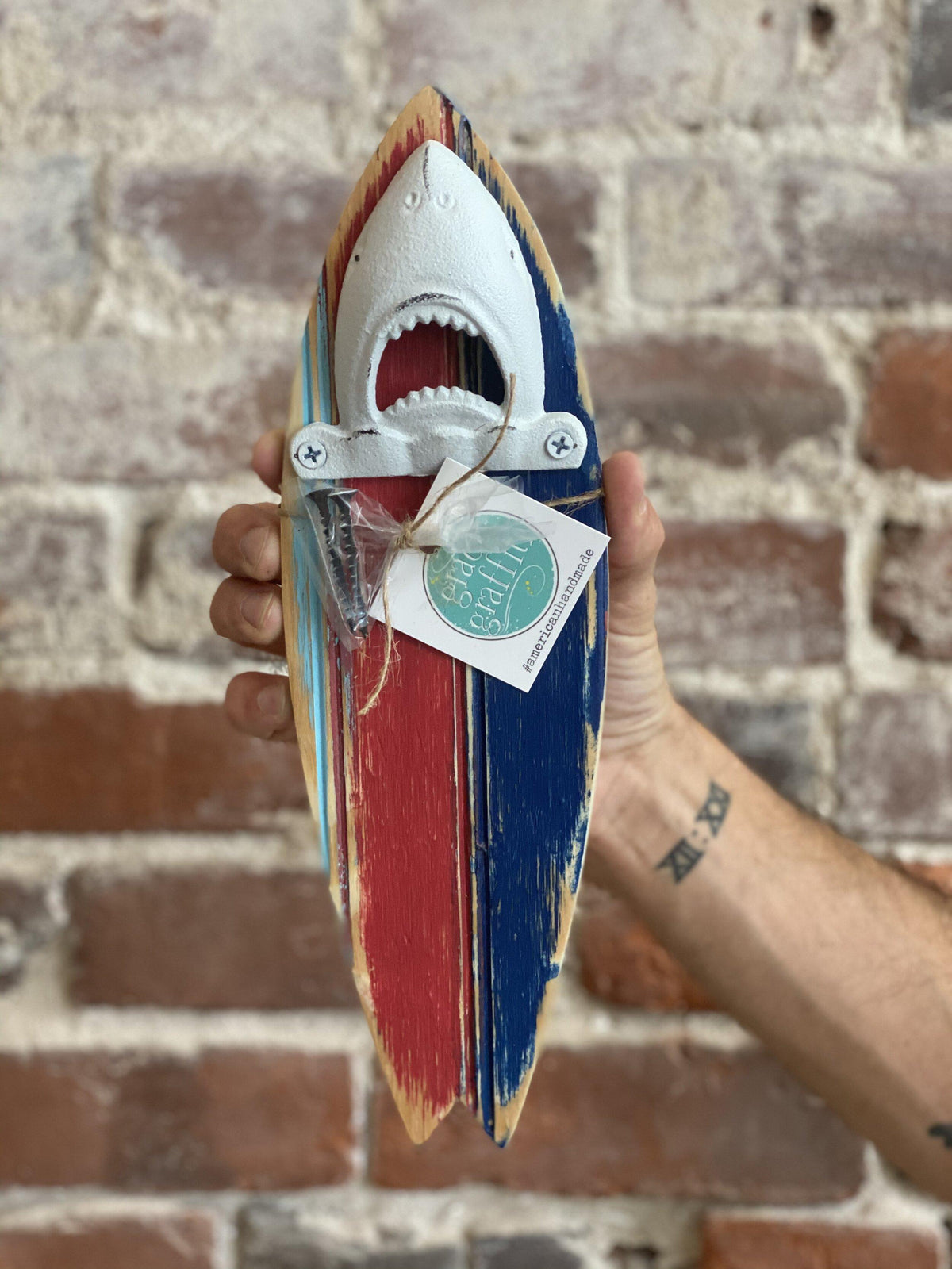 shark surfboard wooden bottle opener grace graffiti